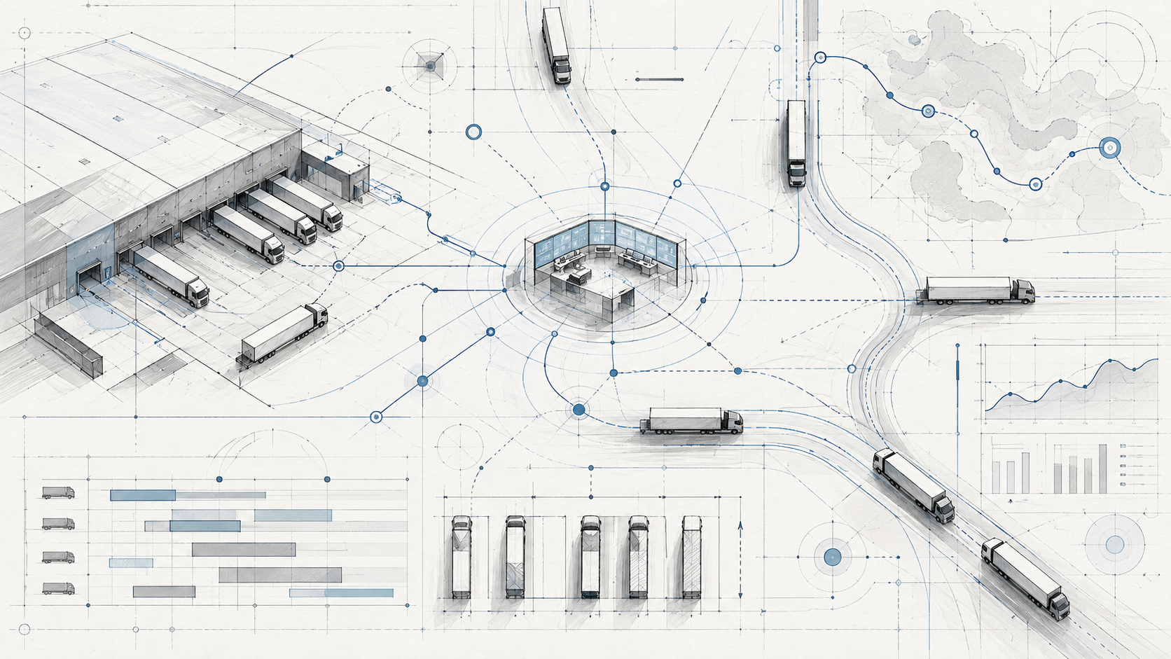 Conceptual graphite logistics coordination illustration with warehouse loading docks, a control desk, trucks and scheduling and map overlays; not actual operational data or a product screenshot.
