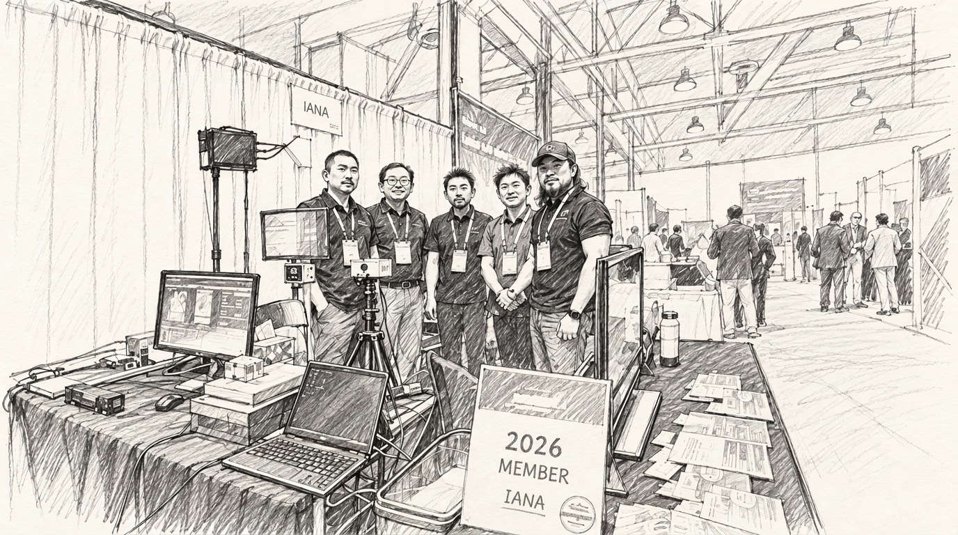 Vectaxiom booth at the 2026 IANA Intermodal EXPO, showing staff and equipment; an event photograph with pencil-sketch treatment.