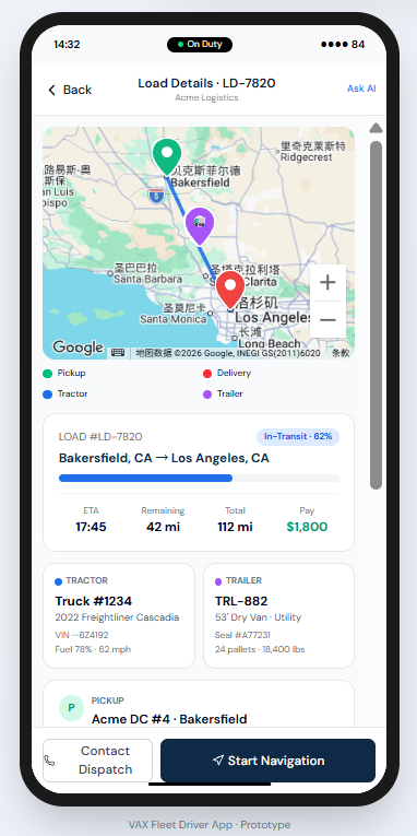 VAX Driver App load detail